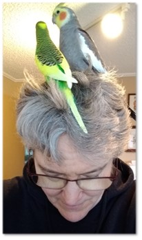 Close-up photograph of blog post contributor Lisa Owen looking down with two pet birds perched on her head