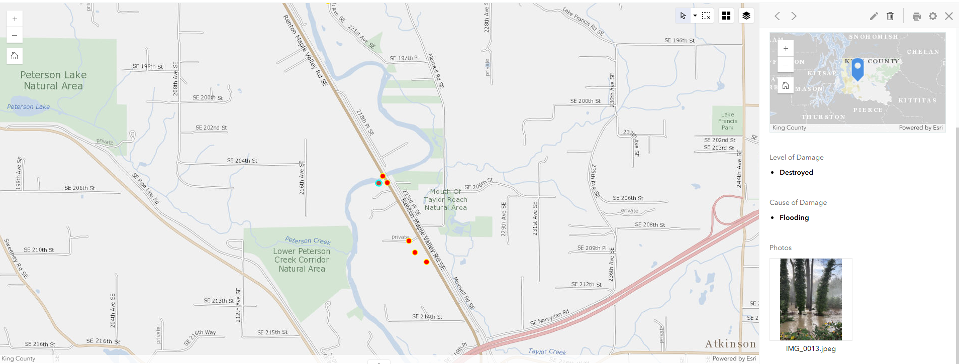 Screenshot of a mobile application showing locations of damaged property