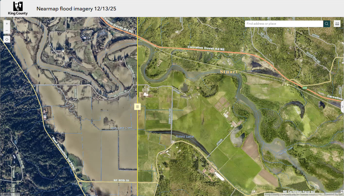 A screenshot of an application displaying imagery of the same area before and after the flood.