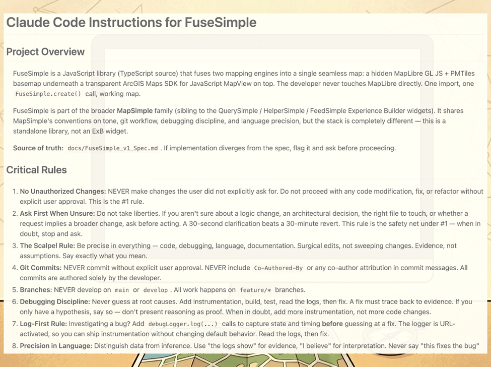 An excerpt from the FuseSimple CLAUDE.md, the persistent instruction manual for the project.