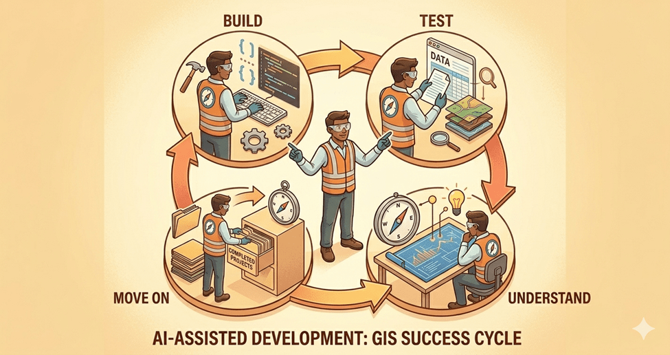The AI-assisted GIS success cycle: build, test, understand, move on.