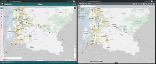 Figure 2: Screenshot of new (left) and legacy (right) King County iMap application