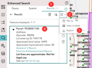 Figure 11: Screenshot of Results 1) Results tab 2) Action mini menu 3) Export data 4) Search results