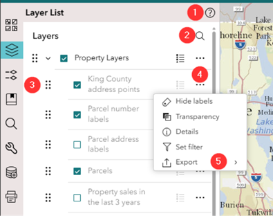 Figure 4: Screenshots of Layer List 1) Tool tip 2) Layer search 3) Drag handles to re-order layers 4) Mini-menu options 5) Export data