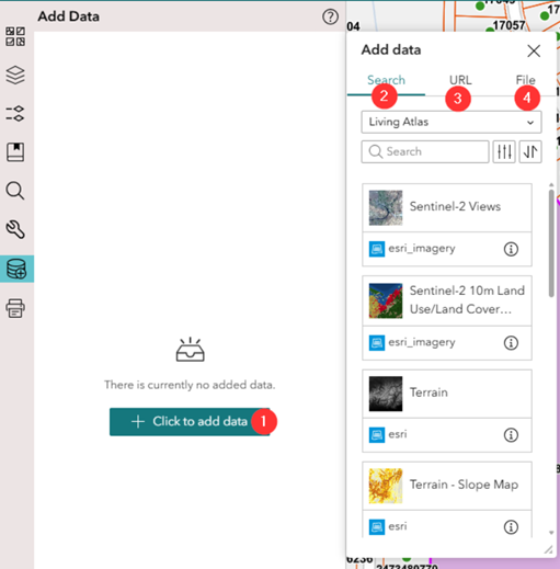 Figure 5: Screenshot of Add Data widget: 1) Click to add data 2) Search your data in ArcGIS Online 3) Add REST services 4) Upload local data