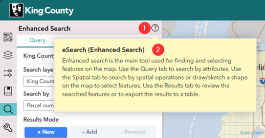 Figure 7: Screenshot showing tooltip for Enhanced Search 1) Click the “?” to open the tooltip 2) Tooltip details