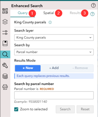 Figure 8: Screenshot of Enhanced Search (eSearch) 1) Search a layer by attributes 2) Select features by location 3) Review the features from your search