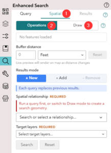 Figure 9: Screenshot of Spatial tab capabilities 1) Spatial tab 2) Operations sub tab to query further using spatial relationships and pick target layers
