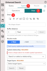 Figure 10: Screenshot of Spatial tab capabilities 1) Spatial tab 2) Draw operation 3) Draw tools